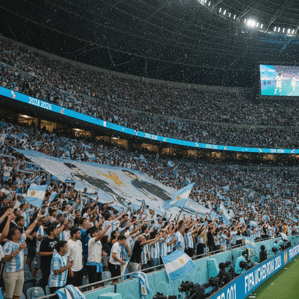 Estadio lleno durante un partido de cuartos de final del Mundial 2026 con público de pie en las tribunas y banderas en las gradas.
